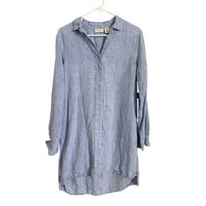 Adrienne Vittadini 100% Linen Tunic Top Womens Medium Blue Long Sleeve Casual